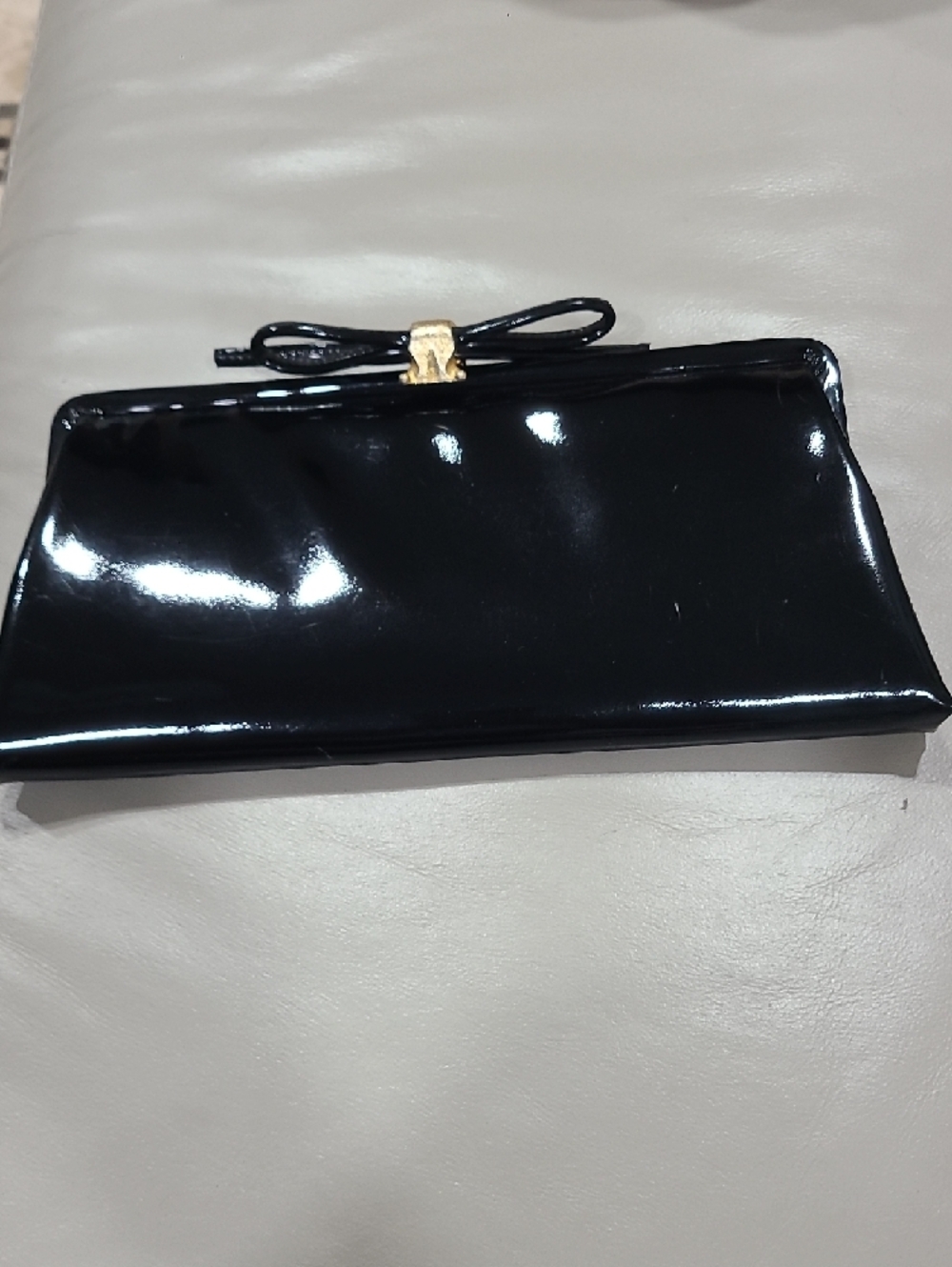 Vintage Black Patent Bow-Top  Clutch with Gold Accent